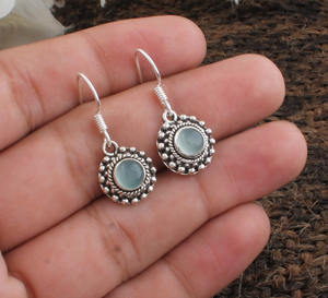 Boucles d'oreilles pendantes en argent sterling 925 avec calcédoine aqua naturelle, faites à la main, bijoux de luxe pour mariage, vente en gros pour femmes - Product Image 1