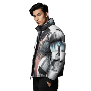 Chaqueta Acolchada con Estampado Geométrico para Hombre, con Capucha, Corte Ajustado, para Invierno, Resistente al Viento, con Cierre de Cremallera, Estilo Casual - Product Image 2