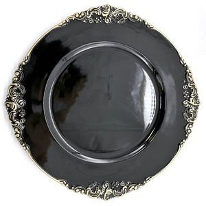 <b>Black</b> Charger <b>Plate</b> With Gold Vintage Border Designing Custom Size Metal <b>Plates</b> Reusable Food Grade Dish Serving <b>Plate</b> For Party - Product Image 1