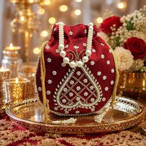 Handmade Red Silk Potli <b>Bag</b> With Pearl Embroidery Round Shape Drawstring Purse <b>For</b> Wedding Party Festive Wear <b>Needle</b> Work - Product Image 4