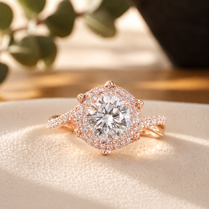 Anillo de compromiso de plata de ley 925 con halo, seis puntas, moissanita, anillo de promesa, diamante de corte redondo, banda trenzada para mujer - Product Image 3