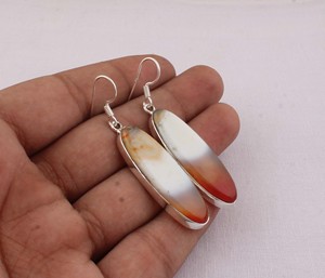925 <b>Sterling</b> <b>Silver</b> Red and White Banded Agate <b>Earrings</b> Natural Gemstone Long Oval <b>Dangle</b> <b>Earrings</b> Handmade Jewelry Wholesaler - Product Image 3