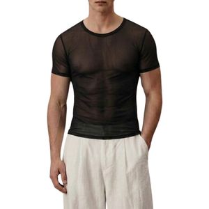 Chemises décontractées modernes pour hommes, à manches courtes, en maille filet transparente, col rond, style transparent, personnalisées - Product Image 2