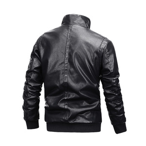 Blouson en cuir polaire pour homme, col montant, en cuir véritable, style motard, épaisseur standard, avec logo frontal, pour l'automne - Product Image 1