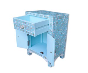 Mesita de Noche con Incrustaciones de Hueso, Gabinete con Patrón Floral, Cajón y Puerta de Almacenamiento para Dormitorio - Product Image 4