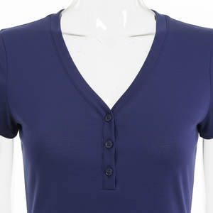 Chemisier d'été en coton pour femme, col en V, manches courtes, haute qualité, mode décontractée, respirant, coupe ajustée, couleur unie, vente en gros - Product Image 4