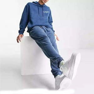 Ensemble survêtement bleu à capuche pour homme, sweat-shirt et pantalon de survêtement 100% coton, coupe ample décontractée avec poches latérales, vêtements d'automne - Product Image 1