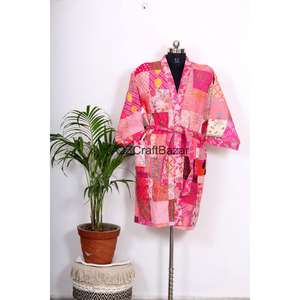 Robe kimono légère pour femme 100 % coton, col en V, manches trois-quarts, imprimé floral, douce, respirante, avec cordon de serrage, idéale pour les vacances - Product Image 3