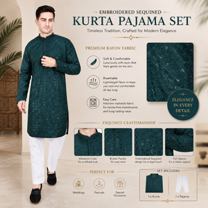 Conjunto de Kurta y Pijama de Rayón con Lentejuelas Bordadas para Hombre |   Traje Tradicional Indio de Manga Larga para Novio, Ropa Étnica de Diseñador para Fiestas - Product Image 5