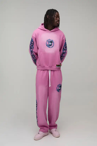 Unisex <b>Pink</b> Cotton Tracksuit Hooded Full Sleeve Solid Color Casual Loose Fit Drawstring Waist Autumn Wear Adults - Product Image 4