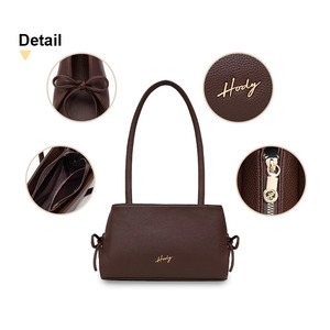 Bolso de Hombro Hody para Mujer, de Cuero Genuino, Asa Suave, Color Marrón, con Lazo, Dos Correas, Cierre de Cremallera, Diseño Minimalista, para Cosméticos - Product Image 4