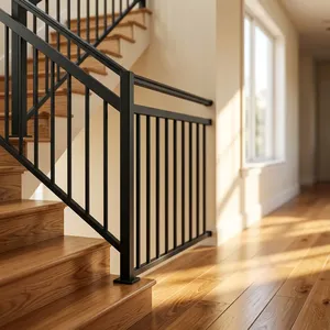 Rampe d'escalier moderne en métal noir avec balustres verticaux et double main courante pour la sécurité des escaliers intérieurs - Product Image 3