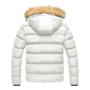 ODM Men's White <b>Hooded</b> Puffer <b>Jacket</b> With <b>Fur</b> Collar Windproof Zipper Closure Casual Winter Solid Color Polyester Shell Slim Fit - Product Image 6