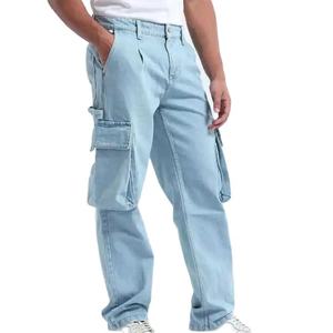 Men's <b>Light</b> Blue Cargo Jeans Mid Waist Loose Fit Cotton Denim Casual Summer Wear - Product Image 1