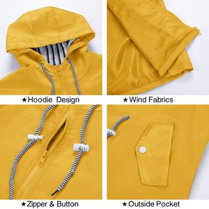 Women Yellow <b>Rain</b> <b>Jacket</b> Hooded Waterproof Mid Length Drawstring Windbreaker Ladies Outdoor Raincoat - Product Image 2