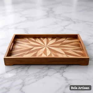 Bandeja de Servir Moderna Hecha a Mano de Madera de Acacia con Incrustaciones Geométricas en Forma de Estrella, Diseño Rectangular y Asas - Product Image 1