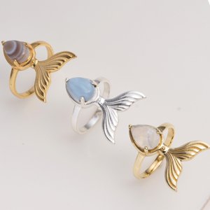 Moku Jewellery Brass <b>Ring</b> Rainbow Moonstone Pear Shape Prong Set Gemstone Fixed Size Mermaid Tail Glam <b>Statement</b> Handmade Women - Product Image 2