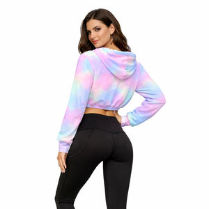 Sweat-shirt à capuche court tie-dye pastel pour femme, manches longues, cordon de serrage, streetwear décontracté, logo personnalisé - Product Image 2