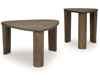 Ensemble de 2 tables basses pliantes ovales en bois de manguier massif, finition noyer, pour salon.