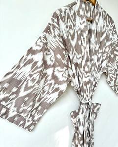 Bata Kimono de Algodón con Estampado de Bloques, Cuello en V, Larga, de Secado Rápido, Ligera, para Dama de Honor, Ropa de Dormir de Verano, Talla Única - Product Image 1