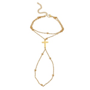 Bracciale a Doppio Strato con Catena Incrociata, Colore Oro, con Perline, Gioiello da Mano per Donna, Stile Semplice, Lunghezza Standard - Product Image 2