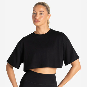 2026 Innovears Women's <b>Black</b> Crew Neck <b>Crop</b> <b>Top</b> <b>Short</b> <b>Sleeve</b> Solid Color Breathable Cotton Yoga Fitness Shirt - Product Image 1