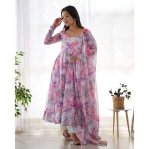 CONJUNTO DE TRAJE ANARKALI DE ORGANZA SUAVE PURO CON TOTALMENTE COSTADO A LA DKB-263 - Product Image 4