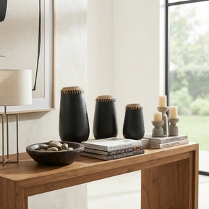 Juego de Jarrones Decorativos Negros con Borde Tejido, Arte Moderno, Estilo Antiguo del Suroeste, Hechos a Mano con Mimbre, Ratán y Madera, Decoración para Montar en la Pared - Product Image 3