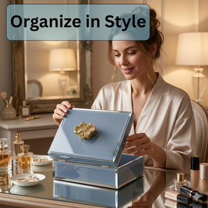 Boîte de rangement décorative en verre bleu de luxe avec poignée en pierre de cristal |   Organisateur de bijoux de luxe pour maquillage et souvenirs - Product Image 4