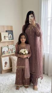 Family Matching Faux Georgette Embroidered Kurta Palazzo Set with <b>Tissue</b> Net Dupatta | Women & Kids Festival Party Wear Ethnic O - Product Image 1