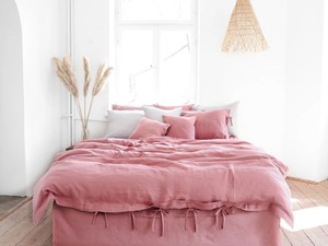 Juego de Ropa de Cama de Lino Rosa de Marca Propia, Juego de Funda Nórdica de Color Sólido, Juego de Ropa de Cama Suave con Fundas de Almohada para el Dormitorio del Hogar - Product Image 1