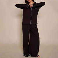 Set Piyama Satin Wanita Lengan Panjang, Celana Panjang, Klasik, Hitam Polos, Dua Potong, Bahan Lembut, Kancing Depan, Celana Tidur Pinggang Sedang
