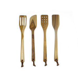 Juego de utensilios de cocina de madera de teca de grado alimenticio, 4 piezas, color marrón claro, natural, duradero, ecológico, espátula, cuchara perforada y cuchara volteadora. - Product Image 1