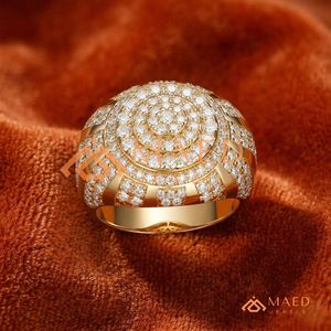 Men's 14,18k Gold Finish Tiered Medallion Ring – Heavy Dome Statement Band with Concentric Diamond Pavé and Polished Fluted Band - Product Image 1