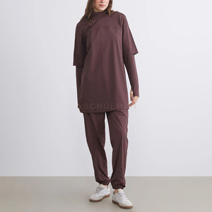 Conjunto Deportivo de Mujer en Color Borgoña, Cuello Alto, Algodón, Manga Larga, Corte Holgado, Color Sólido, Estilo Minimalista, Cintura Elástica, para Otoño - Product Image 1