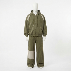 MA-ATTIERA Conjunto de Sudadera con Capucha y Pantalones para Hombre, Verde Oliva, Cremallera Completa, Ajuste Holgado, Estilo Urbano Casual, Estampado de Letras - Product Image 3