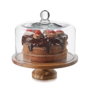 Support à gâteau en bois de luxe avec couvercle en verre transparent, plateau rond sur piédestal pour servir pâtisseries et desserts, idéal pour les fêtes et mariages. - Product Image 1
