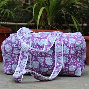 Purple Floral Print Quilted <b>Duffel</b> <b>Bag</b> With White Trim And Long Handles Large Capacity Weekender Travel <b>Bag</b> - Product Image 3