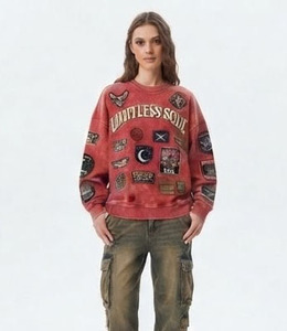Women Oversized Crew Neck Sweatshirt <b>Patchwork</b> Embroidered 100%Cotton Fleece Long Sleeve Casual Winter Wear Ladies Sweat <b>Shirt</b> - Product Image 4