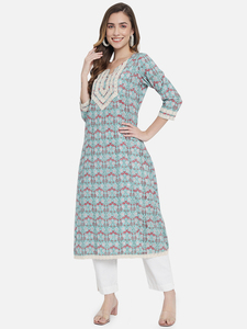Ensemble Kurti vintage en coton à imprimé floral pour femme, col en V, manches trois quarts, robe longue trapèze avec broderie en dentelle - Product Image 3