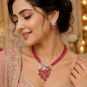 Premium <b>Ruby</b> Pink Brass CZ Classic <b>Necklace</b> Earrings Set Rhodium Plated Tassel Bridal Wedding Jewelry LISAJEWELLERS for Women - Product Image 1