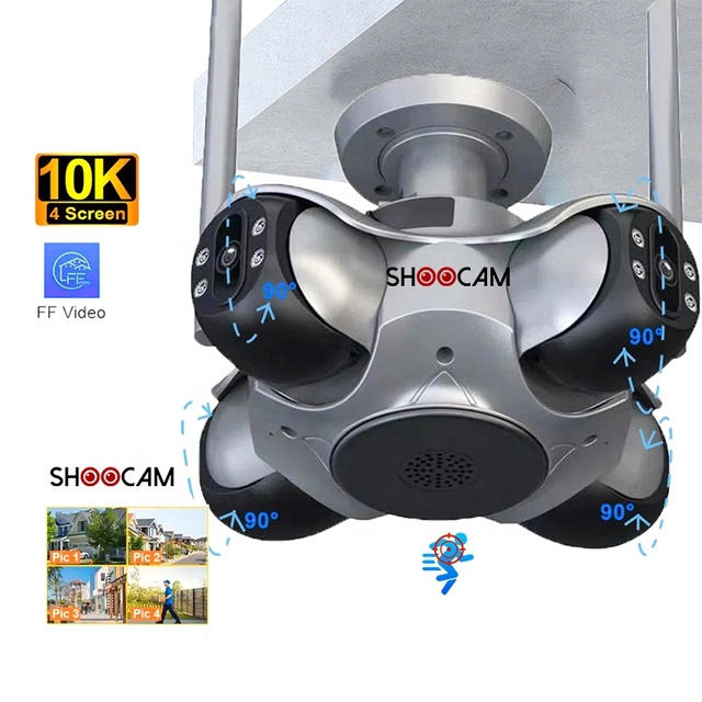 Outdoor IP66 4lens Panoramic 360 PTZ Motion Detection Wide Angle Night Vision Full Color Two Way Audio Wifi Security Camera 4g