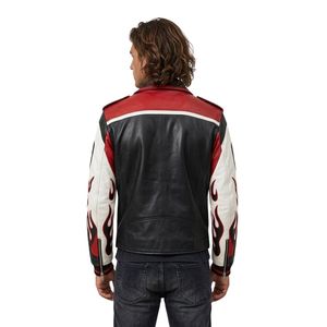 Giacche in Pelle Personalizzate con Pannello Fiamma Rossa, Dettagli Grafici Fiamma Rosso-Nero, Motivo Racing Audace e Grafiche sulle Maniche - Product Image 2