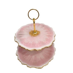 Soporte de 3 niveles para pasteles de resina epoxi con asa dorada, elegante bandeja decorativa con aspecto de mármol para servir cupcakes, ideal para bodas, hoteles y fiestas. - Product Image 4