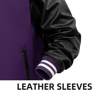 Veste universitaire pour homme en violet, manches en cuir PU, col rabattu, fermeture boutonnée, style preppy, vêtement d'extérieur pour l'automne - Product Image 5