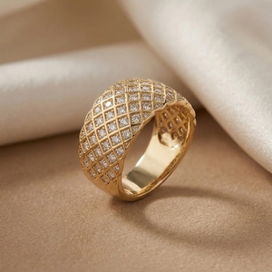 Anillo de compromiso con diseño de rombos acolchados, diamantes cultivados en laboratorio, patrón de entrelazado cruzado, banda ancha llamativa, chapado en oro, anillo de boda de lujo - Product Image 2