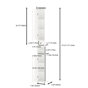 Mobile bagno moderno in MDF, alto e stretto, autoportante, con 2 ante, 67,51 pollici, bianco - Product Image 5