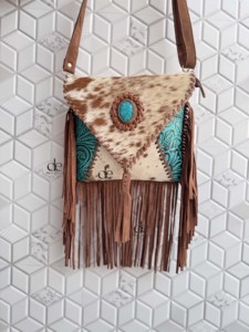 <b>Bohemian</b> Women's <b>Hair</b> on Hide Leather Fringe Handbag Tooled Leather Cowhide Turquoise Stone Cross Body Purse Stylish Sling Gifts - Product Image 3
