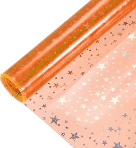 Film adhésif décoratif en vinyle PVC transparent holographique orange fluorescent, motif étoile scintillante, imperméable, en rouleau, vente en gros - Product Image 1