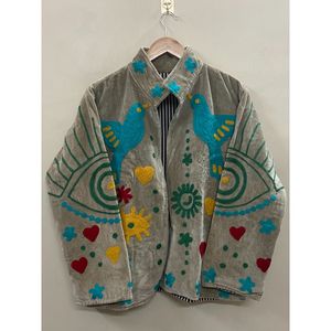 Hand Embroidered 100% Cotton <b>Velvet</b> <b>Jacket</b> <b>Women</b> Mandarin Collar Full Sleeve Floral Pattern Spring Bohemian Style Coat - Product Image 1